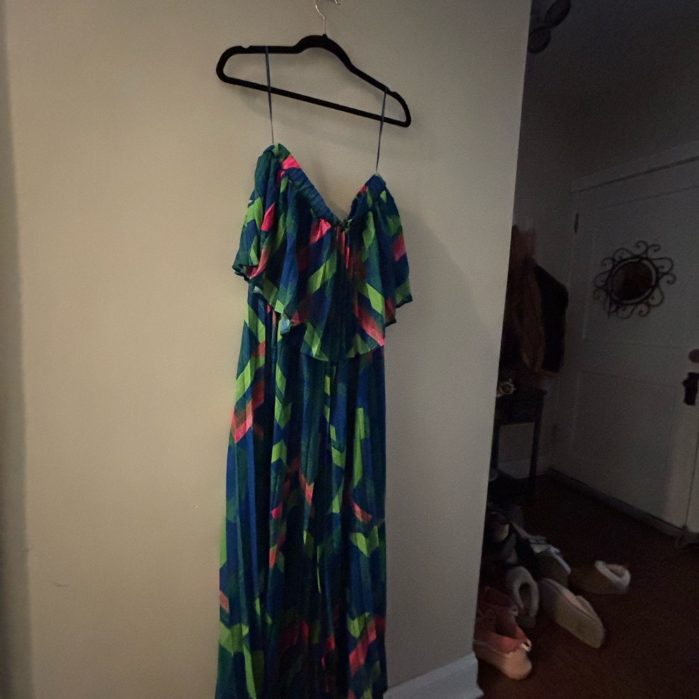 Flying Tomato Blue and Green Strapless Jumpsuit